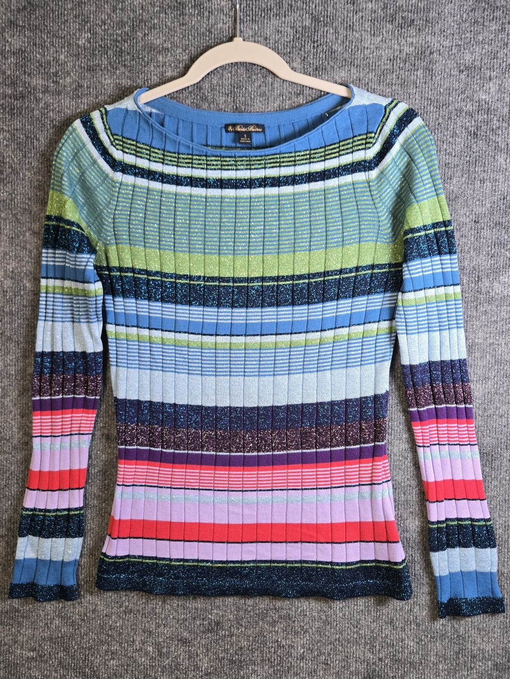 Brooks Brothers Sweater Womens S Blue Pink Sparkle Stripe Ribbed Retro
